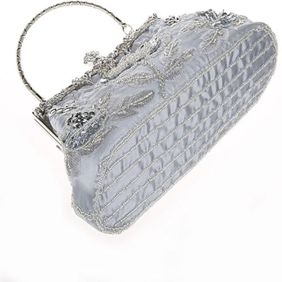 ELEOPTION Beaded Sequin Design Metal Frame Kissing Lock Satin Interior Party Bag - Picture 5 of 9